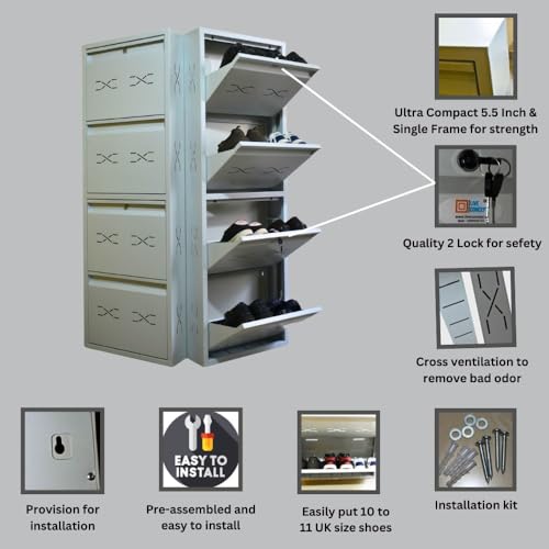 Image of I Metal Shoe Rack I Double Lock I Slim and Wall Mounted I 4 Shelve (Ivory Colour) I Coad LC 2S-04 IV I Height 58 Inches, Width 20 Inches, Depth 5.5 InchesI 3 Years Warranty.