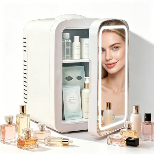 Image of Lispin 4L Mini Skincare Refrigerator with Dimmable LED Mirror, Portable Beauty Refrigerator, Makeup Personal Fridge with Cooler and Heater for Bedroom, Office and Car (White-4L-D)