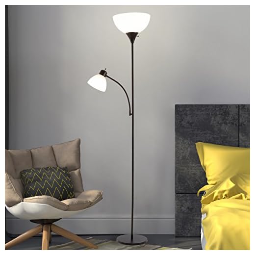 Lavish Home 72-Torch-4 Torchiere Floor Lamp with Reading Light-Sturdy Metal Base, Heat Resistant Plastic Shade-Energy Saving LED Bulbs Included, Black Finish