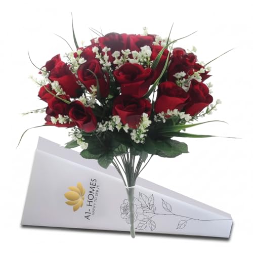 Artificial Roses, 42cm Fake Flowers for Decoration, Grass Bush with Gyp & Foliage 24 Red Roses Heads, Red Artificial Flowers for Outdoor & Indoor Events Wedding Party Home Decoration by A1-Homes