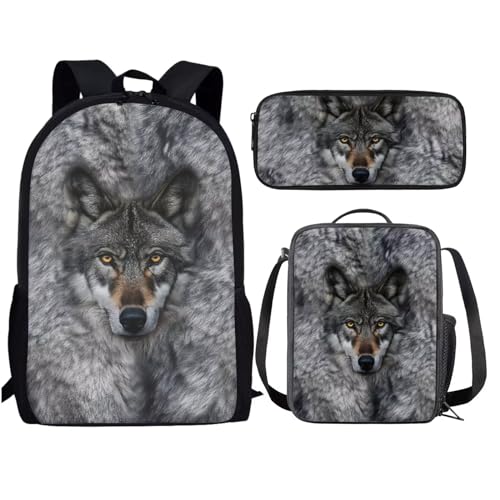 AmzPrint 3 In 1 Animal Print Wolf Bookbag And Lunch Box Set For Girls Student Middle School Back To School Backpack Set Gift