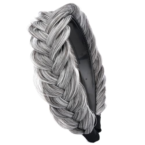 GLEDOLA Wide Messy Braided Headband with Teeth Synthetic Hair Plaited Headband High Elasticity Braids Chunky Fishtail Braided Hair Band Hairpiece for Girls Women (Salt Pepper)