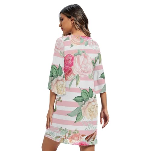 Robe occidentale rose et blanche imprimé rayures design évasé ligne A unique