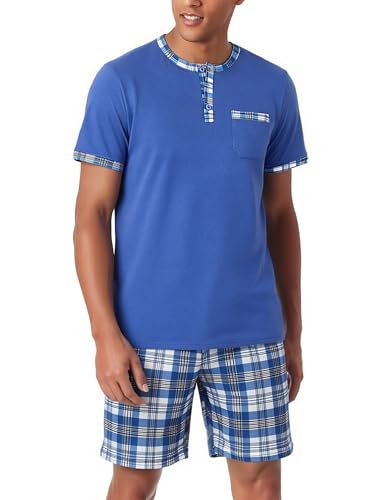 Litherday Pijama Hombre Verano Algodón Conjunto 2 Piezas Cuello Redondo Camiseta Manga Corta y Pantalones Cortos de Cuadros Suave y TranspirableCuadros Blanco y Negro L