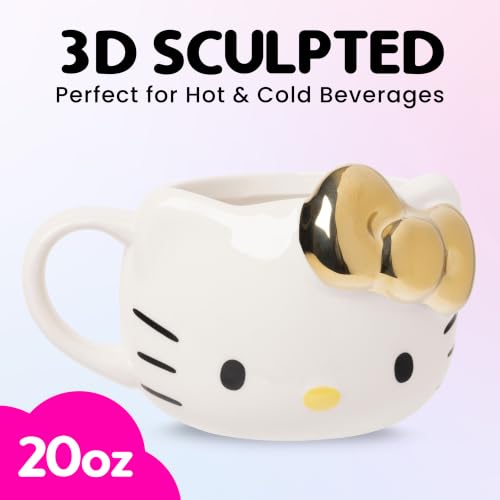 Image of Silver Buffalo Sanrio Hello Kitty Gold Chrome Bow, 3D Sculpted Mug, 20oz | Reflective Finish, Ceramic, 0.59 Liters