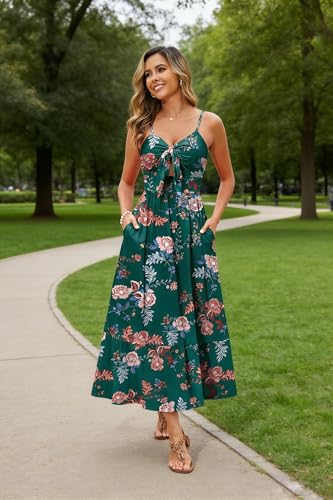 Image of Kranda Women 2026 Summer Sundress High Waist Tie Front Spaghetti Strap Long Beach Floral Tiered Maxi Dress with Pockets
