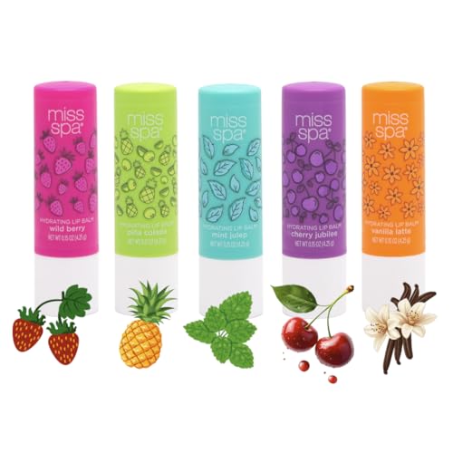 Miss Spa Hydrating Lip Balm Set Moisturizing Lip Care Gift Set for Dry Lips,Nourishing Lip Moisturizer with Shea Butter & Vitamin E, Vegan Gluten Free, Long-Lasting Hydration, 5 Flavors