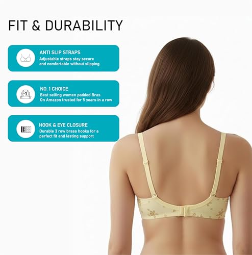 Image of Women's Pure Cotton Blend Lightly Padded Bra (Pack of 3) | Full Coverage Wirefree T-Shirt Bra | Soft Breathable Everyday Bra | Adjustable Straps | Comfortable Multicolor Bra