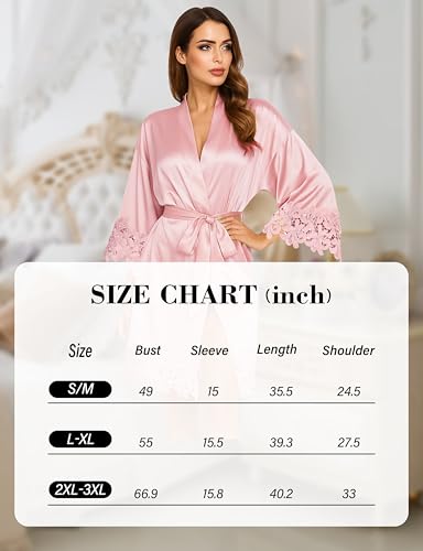 Image of EPLAZA Bride Robe for Wedding Day Set Bridal Robe Lace Trim Silky Embroidery Satin Kimono for Bridal Party