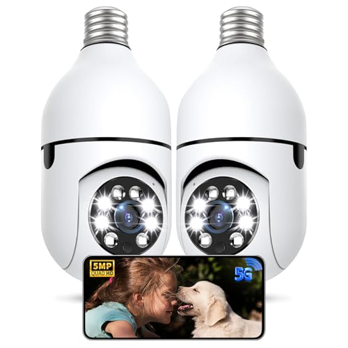 Light Bulb Security Camera 2 Packs, 5G&2.4GHz 5MP Security Cameras Wireless Outdoor 360° PTZ Cameras for Home Security with Color Night Vision, 2 Way Talk, AI Human Detection, Screw in Light Socket