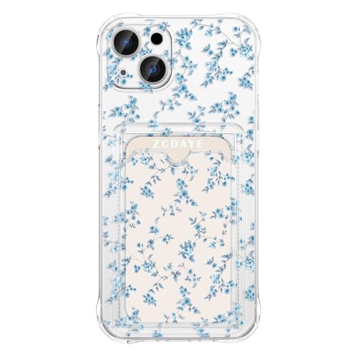 ZCDAYE Clear Floral Case for iPhone 14 with Card Holder Cute Flowers Woman Girls Phone Case Soft TPU Slim Fit Protective Phone Cover Cases for iPhone 14 (6.1 inches) Elegant Blue