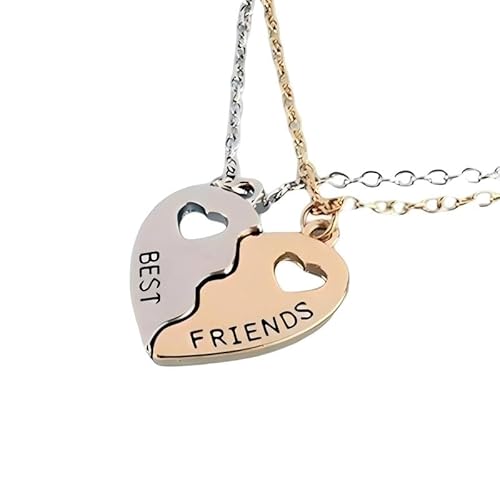 DreamAug BFF Necklace Set, 2-Pack Best Friends Matching Heart Pendant Necklaces – Silver & Gold Tone Split Heart with Chains, Cute Friendship Jewelry for Sisters & Besties, Birthday/Christmas Gifts
