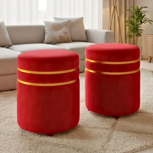 Image of Decorative Ottoman Pouffes for Sitting - Two-Piece Set of Puffy Stools and Footstools - Round Ottoman Stool for Living Room Furniture (RED)