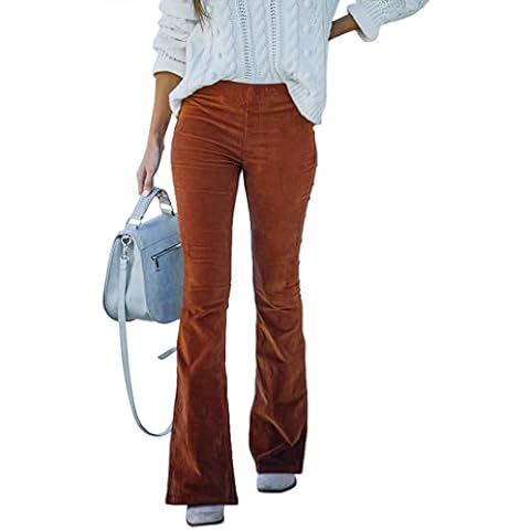 Sidefeel Women's Corduroy Flare Pants Elastic Waist Bell Bottom Trousers Small Brown Cover
