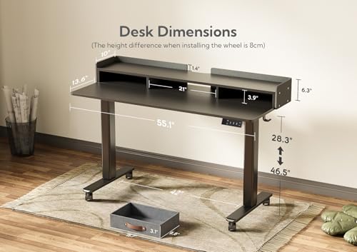 Image of Claiks Standing Desk with Drawers & Wheels, 2 Height Shelf 55inch Black