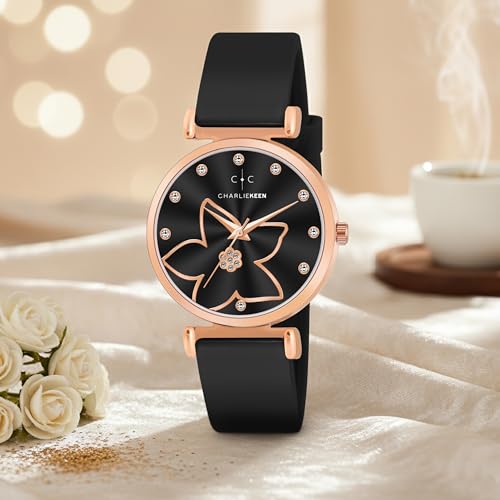 Image of CHARLIEKEEN Women's Watch, Analog Dial with Rose Gold Flower Design, Crystal Accents, Soft Silicone Strap