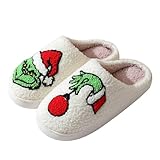 Christmas Grin Slippers Womens Mens Cute Cartoon Grinch Pattern Slipper Anti-slip Design Cozy Indoor House Winter Shoes Soft Plush Warm Slippers Gifts for Girlfriend