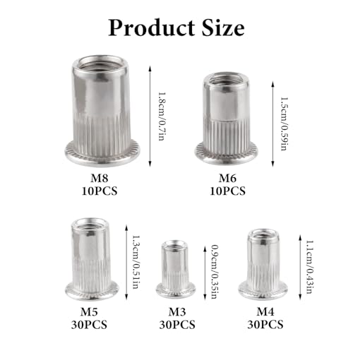 110 Stk Nietmuttern Sortiment, M3 M4 M5 M6 M8 Edelstahl Blindnietmuttern Set, Einnietmuttern für Nietmutternzange, Flachkopf Einziehmuttern, Gewindehülsen Gewindenieten für Metallplatten Rohre