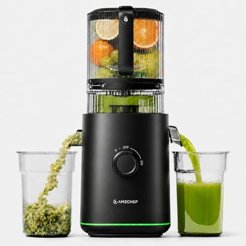 AMZCHEF Extractor de Zumos Prensado en Frío 600W, Licuadora con Boca XL 160 mm, Slow Juicer 2,5 L para Frutas y Verduras Enteras, 2 Filtros (Zumo, Leche Vegetal, Sorbete), Fácil de Limpiar, Negro Mate