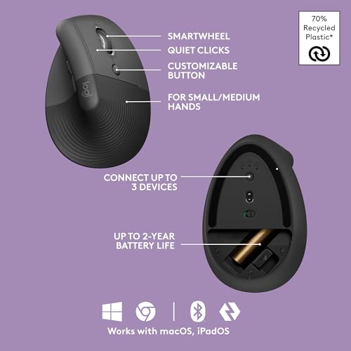 Image of Logitech Wave Keys & Lift Vertical Mouse - Ergonomic Bundle - Wireless Keyboard with Cushioned Palm Rest & Vertical Wireless Mouse - Easy-Switch, Bluetooth, for Multi-OS, Windows /Mac - Graphite