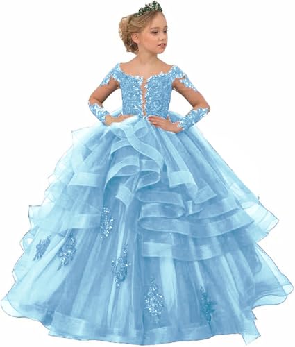 Princess Long Sleeve Flower Girl Dresses Tulle Appliques Ball Gown Pageant Dress for Kids Party Gowns