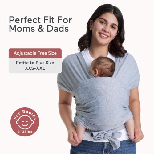 Image of Momcozy Baby Wrap Carrier, Easy-On 2-Piece Design, Newborn to 15.8 kg | Easy On Like a T-Shirt, XXS-XXL Adjustable Fit, IHDI Hip-Healthy, Lightweight Hands-Free Comfort Baby Sling Carrier, Grey