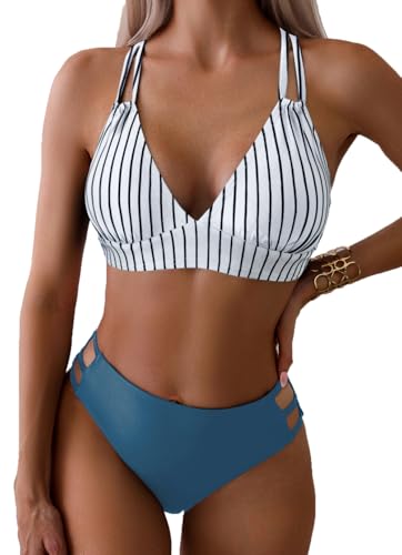 Tainehs Women's Push Up V Neck Bikini Sets Criss Cross Back Two Piece Bathing Suit