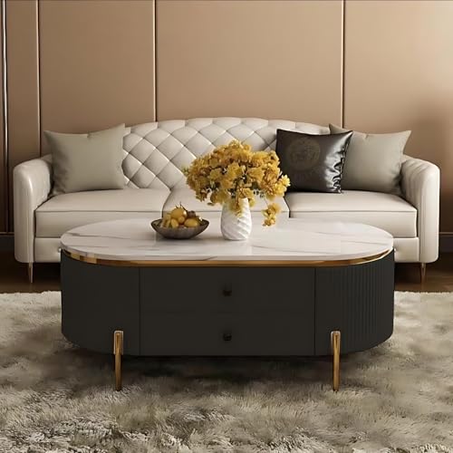 Image of Tesla Centre Table, White Marble Top with Gold Trim, Oval Modern Coffee Table with 2 Drawer Storage, Waterproof Plywood Base, PVD Metal Legs, for Living Room (Black)