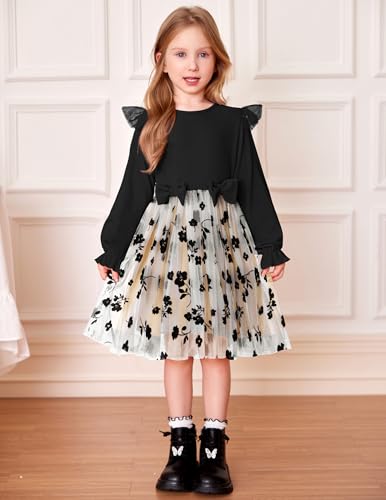 Image of Arshiner Toddler Girls Tulle Dresses with Bow Tie Fall Winter Long Sleeve Formal Party Dress 1-7 Y