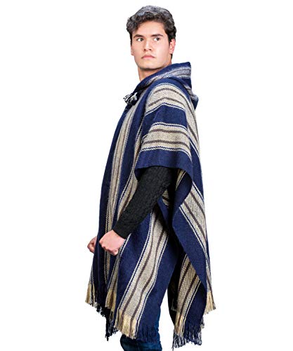 Image of Men's Cape Poncho in Navy Blue and Beige Wool - Alpaca Hooded Peruvian Poncho - Fashion Cloak Cape - Artisan Crafted