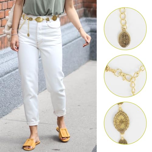 2Pcs Women's Concho Chain Belts, Adjustable Oval Metal Waist Chain Vintage Country Belts for Dress Jeans Decoration3