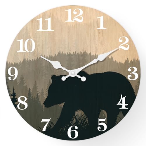 Image of XFM Large Cabin Bear Wall Clock Battery Operated 24 Inch Silent | Non-Ticking Forest Wildlife Battery Operated Rustic Farmhouse Clock for Lodge Living Room Kitchen Office