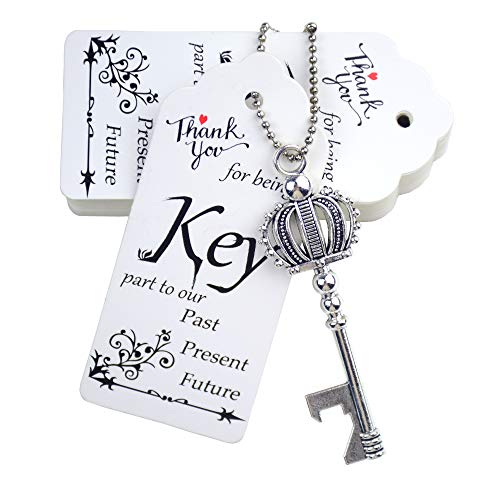 Aokbean 52 pcs Crown Key Bottle Opener with Tag and Keychain,Vintage Skeleton Key Bottle Opener for Wedding Party Favors (Antique Silver)