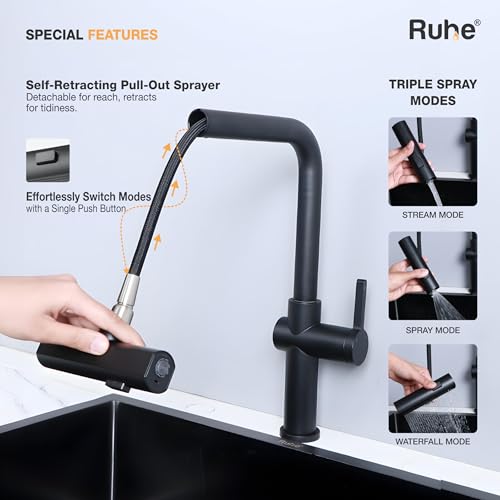 Image of Ruhe Arrow Triple Flow Pull-out Kitchen Mixer Faucet - Matte Black | Sprayer Faucet | Single Lever Tap | 360 Swivel | Hot & Cold Water | Table Mounted Kitchen Sink Tap