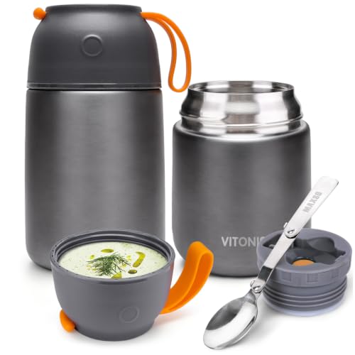VITONIS Thermobehälter für Essen 500ml + 700ml, mit faltbaren Löffeln, Edelstahl Warmhaltebox Thermo-Essensbehälter, BPA-frei, Grau – Ansicht 1