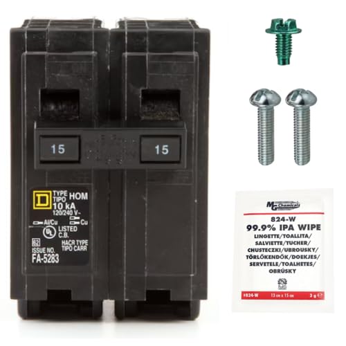 FalconSupply Genuine Square D HOM215 Circuit Breaker Kit Bundle (1 Pack), 15 Amp (15A) Double Pole, 120/240V, 10kAIC, UL Listed, Plug-On for Homeline Load Centers & Panel Box, New Replacement