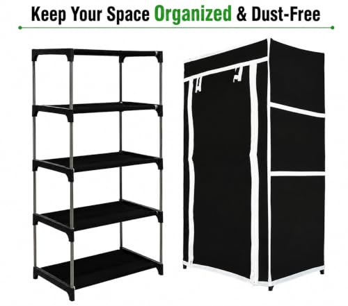 Image of Cozmira 4 Layer Foldable Shoe Rack with Dustproof Cover | Large Capacity Shoe Organizer for Home, Bedroom, Entryway & Closet | Plastic Frame & Durable Fabric Storage Cabinet (Black, 55 x 30 x 72 cm)