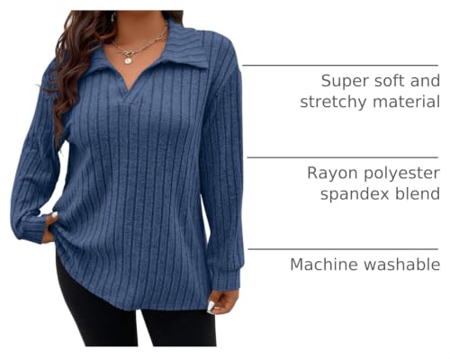 Image of Koscacy Women Plus Size Casual Knit Sweater Lapel V Neck Solid Color Tops Lightweight Long Sleeve Blouses