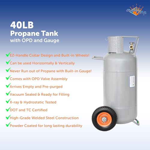 Flame King 40LB Empty Propane Tank with Wheels, Horizontal & Vertical LP Cylinder with Built-in Gauge for Fire Tables, Fire Pits, Patio Heaters, Barbeques, Lunch Trucks, Weed Torches & Truck Campers