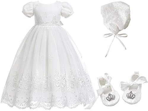 Glamulice Baby Girls Newborn Satin Christening Baptism Floral Embroidered Dress Blessing Gown Outfit Lace Formal Party Dresses 0-6 Ivory White Infant Holiday Birthday Church Gowns & Hat & Shoes 3M