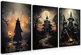 3 Piece Halloween Dark Witch Canvas Wall Art – Framed Gothic Black Castle Witchy Pictures Prints for Halloween Decor, Magical Black Cats Witches Wall Decor for Living Room Bedroom – 12x16in