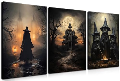 3 Piece Halloween Dark Witch Canvas Wall Art – Framed