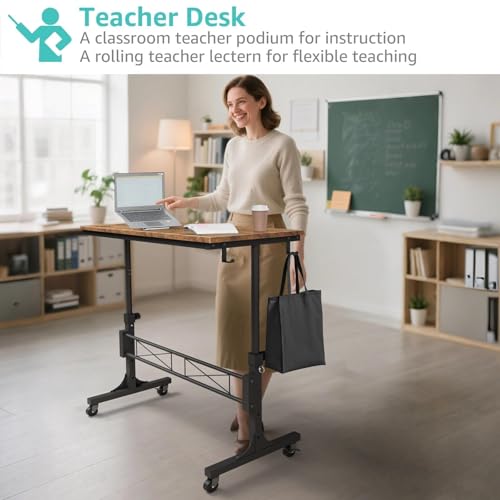 Image of Small Portable Rolling Standing Desk - 32 Inch Adjustable Height Mobile Stand Up Desks with Wheels for Treadmill Walking Pad, Teacher Podium for Classroom, Couch Sofa Side Laptop Table, Rustic Brown