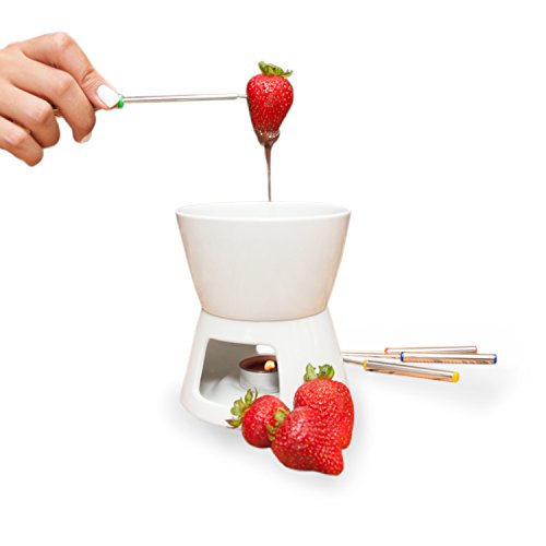 Ceramic Chocolate Fondue Set W/Forks - Tea Light Porcelain Melting Pot W/Fondue Dippers #TOP3
