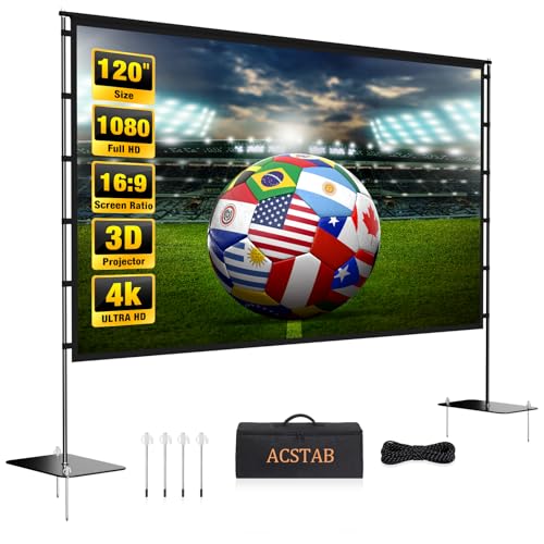 Image of ACSTAB Outdoor Projector Screen with Stand - 120 Inch Portable Projector Screen Outdoor Indoor Projection Screen 16:9 4K HD Movie Screens with Carry Bag Can Backyard Home Theater