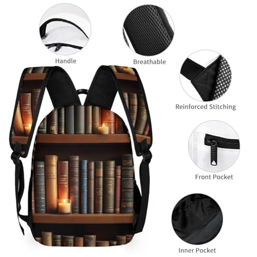Backpack Bookbag Set Vintage Library Bookshelf Candlelight Backpack with Lunch Bags and Makeup Bag Shoulder Bag with Lunch Box Storage Bags3