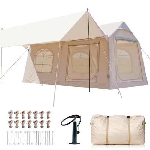 8-10 Person Large Inflatable Tents for Camping, Blow Up Tent House 2 Rooms, 4 Season Hot Tent House with Stove Jack & AC Port, Air Glamping Camping Tent for Outdoor, Easy Setup with Air Pump