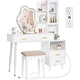 ANWBROAD White Vanity with Lighted Mirror Girls Vanity Desk with Mirror and Power Outlet Stool Drawers Shelves Charging Station 3 LED Lighting Modes Bedroom Makeup Table UBDT55W