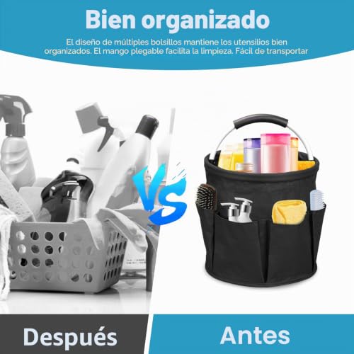 Miniatura 5 de Mumisuto Cesta Para La Conservación De Los Productos De Limpieza, Cesta Porta Herramientas Con 6 Bolsillos Exteriores, Bolsa Productos Limpieza Plegable De Tela Oxford, Impermeable, Para Casa Negro