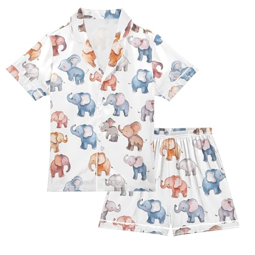 ALAZA Cute Elephant Watercolor White Pajamas Satin Pajama Set Short Sleeve Button Down Sleepwear